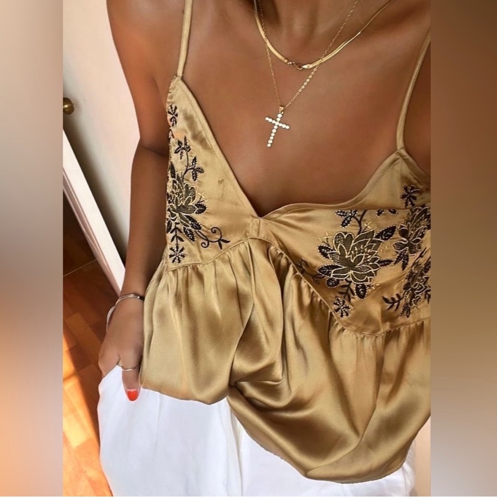 Zara Gold Satin Embroidered Cami Top